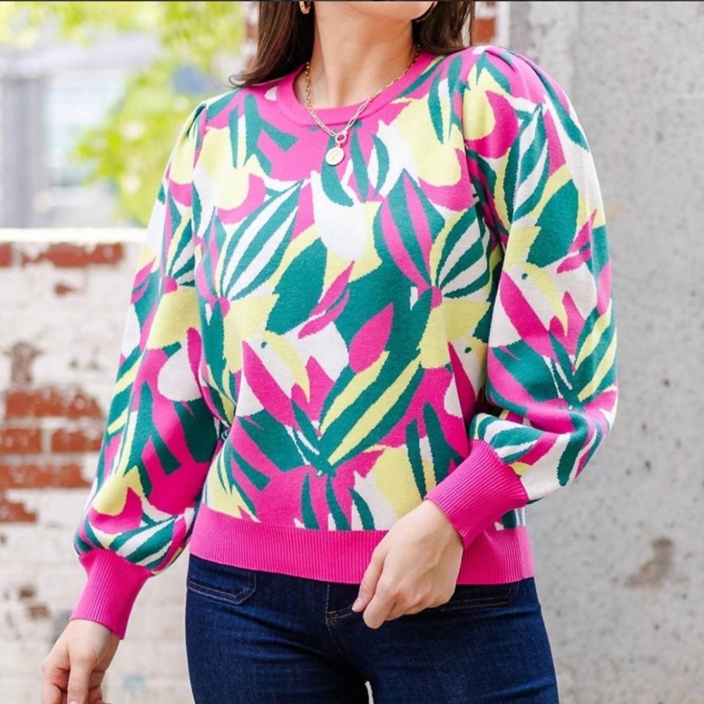 Bright Floral Crewneck Sweater with Puff Sleeves - Pink